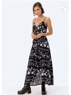 Lovestitch Black & White Floral Maxi Wrap Dress with Spaghetti Straps